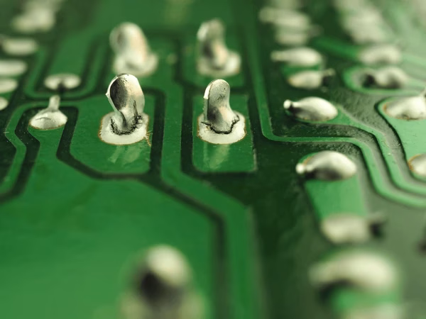 A macro shot of several dull and grainy solder joints on a circuit board.