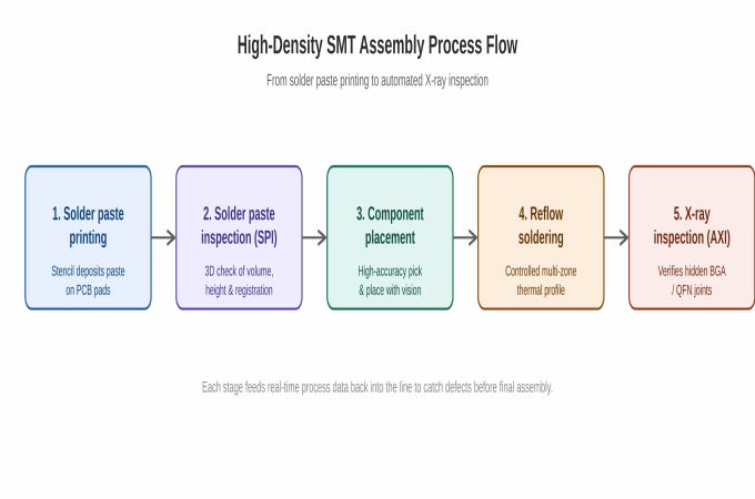 SMT assembly process flow diagram from solder paste printing to automated X-ray inspection (AXI)