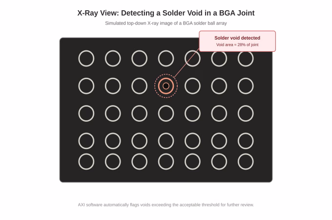 X-ray inspection image showing a solder void defect detected inside a BGA solder joint
