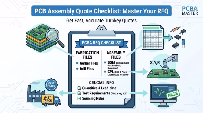 An informative infographic detailing the PCB assembly quote checklist, outlining fabrication files, assembly files, and crucial sourcing and testing requirements for fast turnkey quotes.
