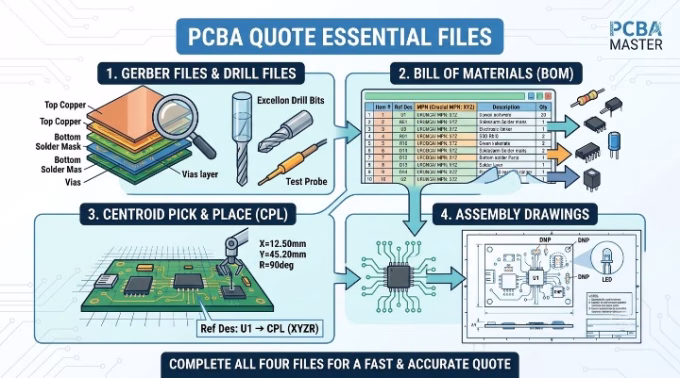 A detailed visual diagram illustrating the four essential PCBA quote files: Gerber & Drill files, Bill of Materials (BOM), Centroid Pick and Place (CPL), and Assembly Drawings.