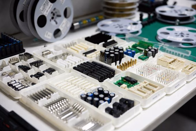 Organized trays and reels of electronic components ready for consigned PCB assembly