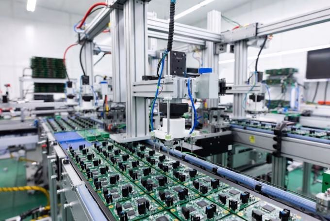 Automated SMT assembly line with robotic arm placing components on PCBs in a modern turnkey electronics factory