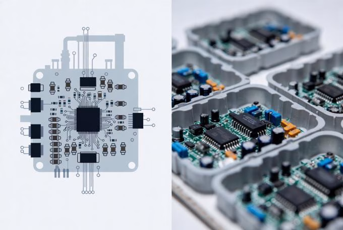 Turnkey vs Consigned PCB Assembly comparison – schematic board design next to assembled circuit modules